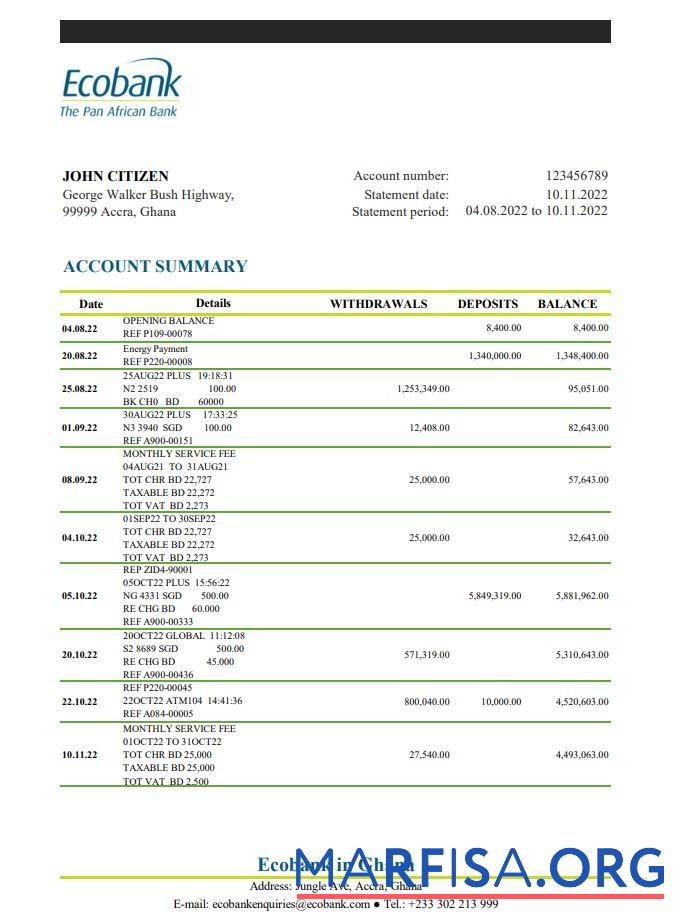 Realistic Ghana Ecobank bank statement excel template